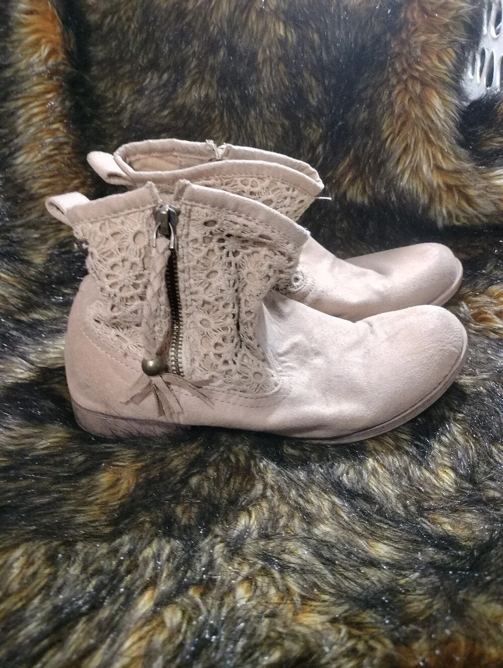 Roxy Taupe Suede Ankle Boots with Crochet Cuff